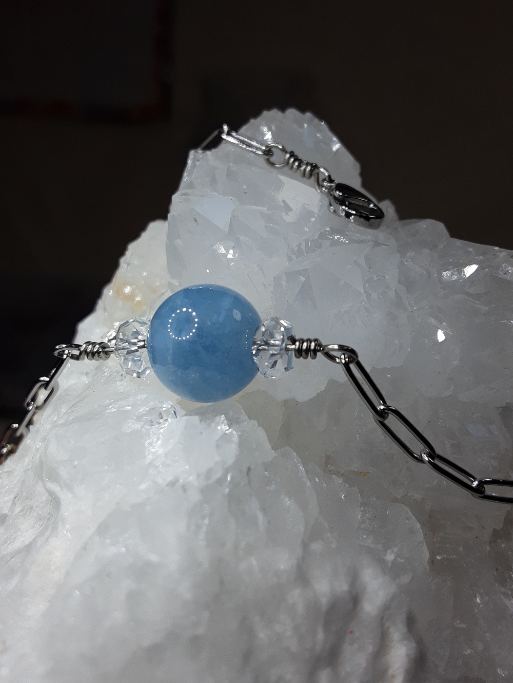 Stainless Steel,  Genuine Aquamarine, Herkimer Diamond Quartz Necklace.